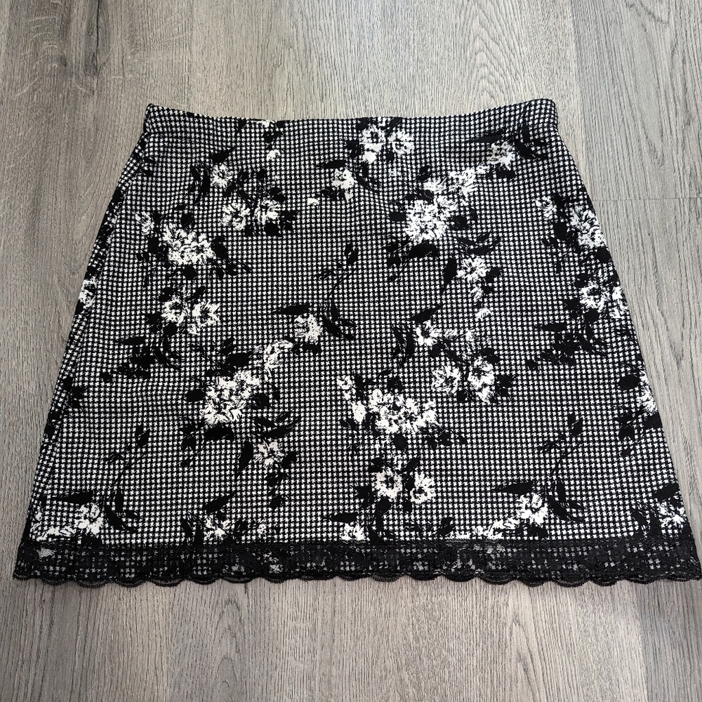 Black Houndstooth Floral Lace Mini Skirt Indie Sleaze Y2K S/M